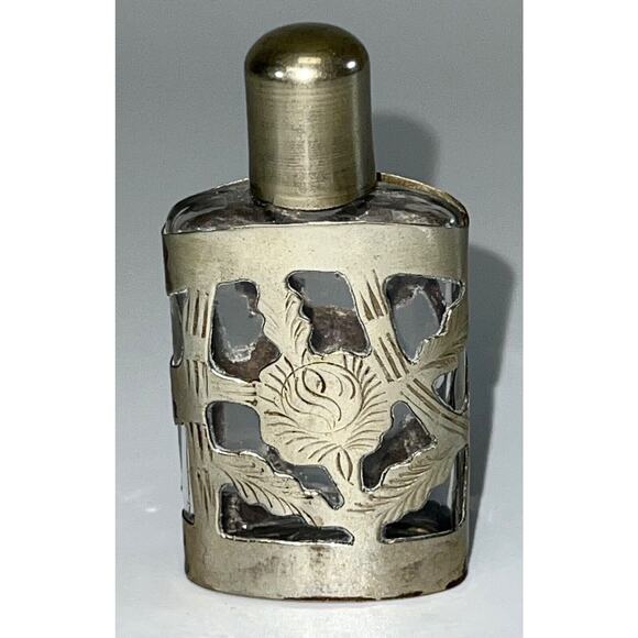 Antique Sterling Silver Perfume Overlay Glass Bottle Small Marked - Picture 2 of 4